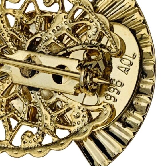 Vintage Jane Clear Faceted Glass Fan Paisley Shiny Yellow Gold Tone Brooch - Picture 6 of 6